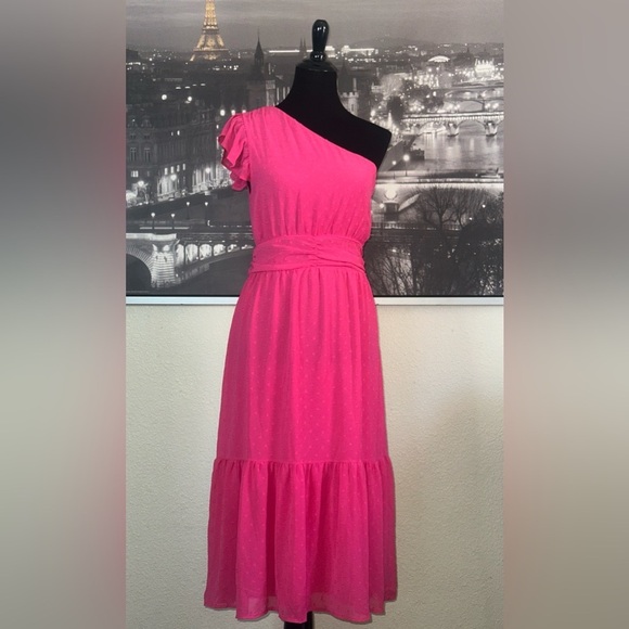 CHELSEA 28 Swiss Dot One Shoulder Pink Rouge Midi Dress Size S - Picture 3 of 8